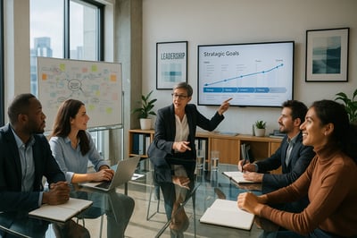 Group of executives in a business meeting discussing management and process optimization issues with an Interim Manager