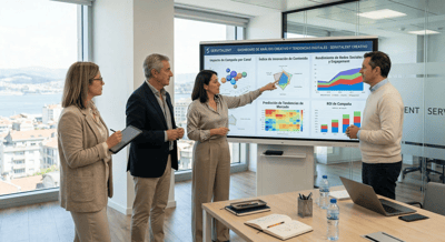 Directores de RRHH analizando analítica de talento y competencias directivas en un panel digital de Servitalent.