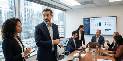 The image showcases a modern office environment, where a diverse group of professionals is engaged in a dynamic discussion. In the foreground, a middle-aged male Interim Manager, dressed in a tailored suit, gestures confidently while presenting data on a digital tablet. Beside him, a young female executive takes notes, her expression focused and engaged. In the background, a large screen displays key performance indicators (KPIs) and strategic goals, emphasizing a collaborative atmosphere. The room is well-lit, with contemporary furnishings and a large window offering a view of a bustling cityscape. Papers, coffee cups, and laptops are scattered around the sleek conference table, indicating a productive brainstorming session. Overall, the image conveys a sense of teamwork, professionalism, and strategic planning in action.