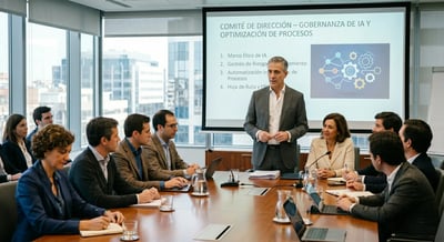 Interim manager leading a management committee meeting on artificial intelligence governance and process optimization.