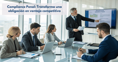 Ejecutivos en una reunión estratégica, analizando la implementación de un programa de Compliance Penal con el apoyo de un asesor experto.