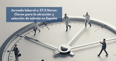 magen conceptual que ilustra la jornada laboral de 37,5 horas en España. Un reloj gigante simboliza el tiempo, con figuras de profesionales caminando sobre él, representando la gestión del tiempo y el talento en el nuevo entorno laboral