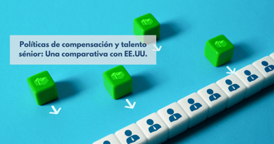  La fotografía ilustra el concepto de políticas de compensación y talento sénior mediante una composición simbólica. Una hilera de cubos blancos, cada uno representando individuos o talento, se alinea en diagonal sobre un fondo azul vibrante. Cuatro cubos verdes, con un icono de crecimiento o tendencias positivas, se distribuyen estratégicamente alrededor, apuntando con flechas blancas hacia la línea de talento. 