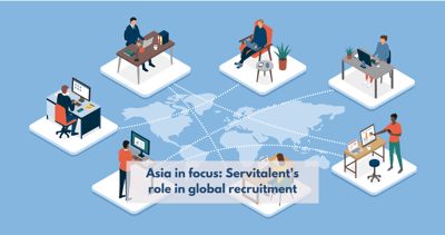 Global reach: A world map with markers on Asian countries, showcasing Servitalent's expertise in Asia recruitment and global talent acquisition.