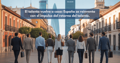 Profesionales con experiencia internacional regresando a España, simbolizando el retorno del talento y su impacto en el crecimiento y la innovación del país.