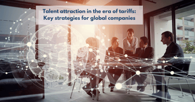 Diverse professionals collaborating in a modern global environment, with graphic elements of international trade and adaptability, representing talent attraction strategies in times of tariffs.