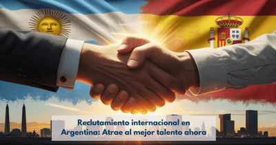 Dos profesionales, uno/a español/a y otro/a argentino/a, estrechándose la mano frente a un mapa que destaca ambos países, simbolizando la alianza estratégica para el reclutamiento internacional y la atracción de talento en Argentina.