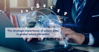 The image shows a digital interface with graphs and visual data on global salary trends, including compensation and cost of living comparisons by country. It illustrates the complexity of international talent management and the importance of data analysis for strategic HR decision making and attracting high potential professionals in diverse markets.