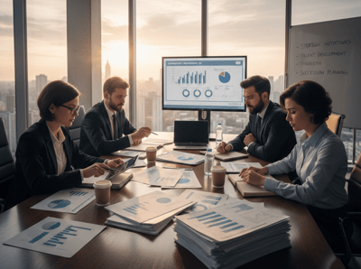 Equipo directivo analizando informes de evaluación de competencias y potencial de liderazgo en una reunión de planificación estratégica.