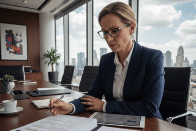 Directiva analizando contrato de Interim Management y riesgos de responsabilidad civil profesional en oficina corporativa.