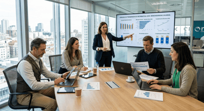 Directivos analizando datos de benchmarking salarial para cumplir la directiva europea de transparencia retributiva en 2026. 