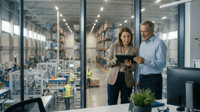 Interim Manager y propietario de empresa industrial planificando la sucesión y el relevo generacional en la planta de producción.