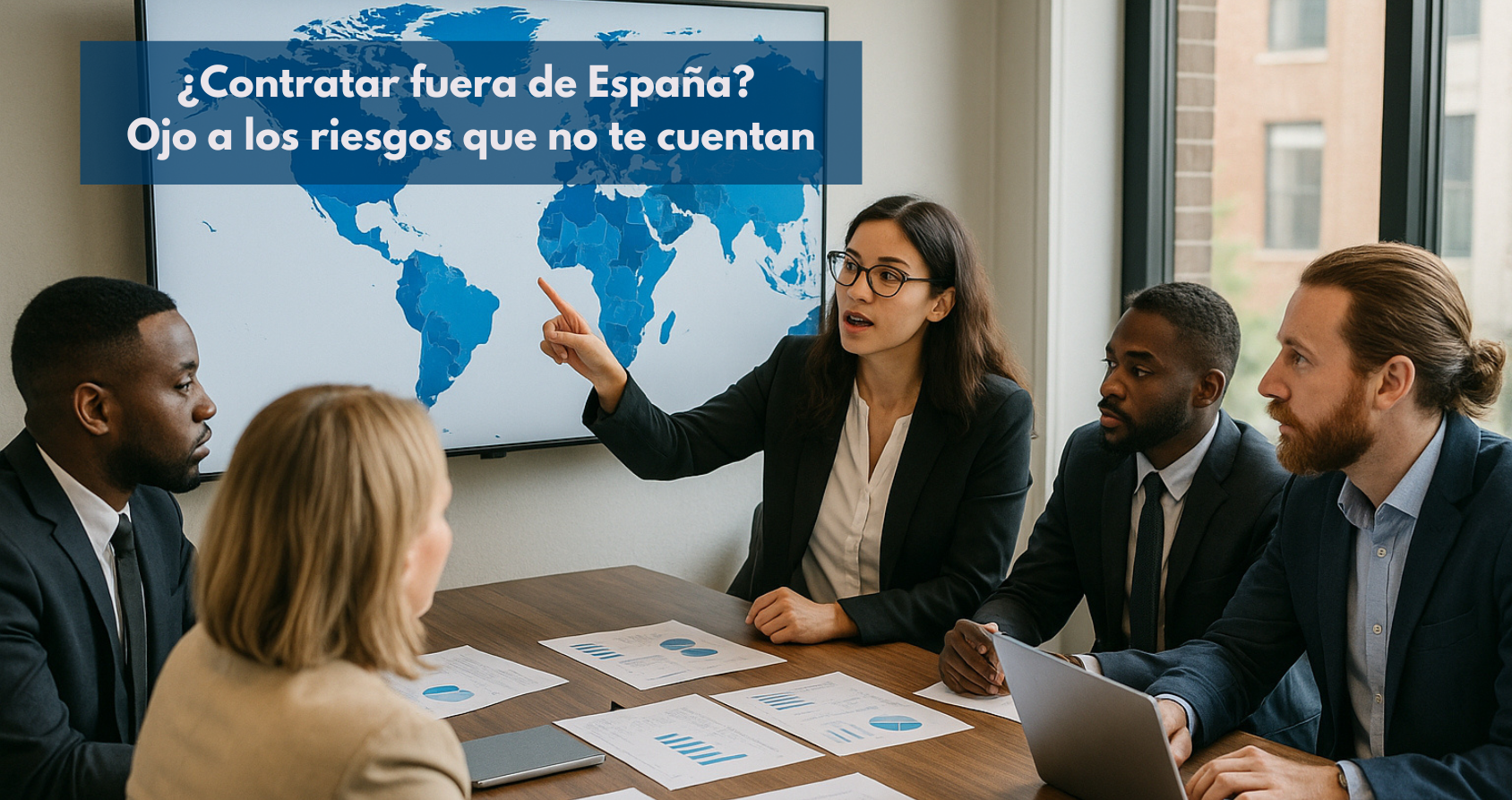 Una persona de recursos humanos o un líder de empresa analizando un mapa mundial con gráficos y datos, simbolizando la complejidad de contratar talento cualificado a nivel internacional.