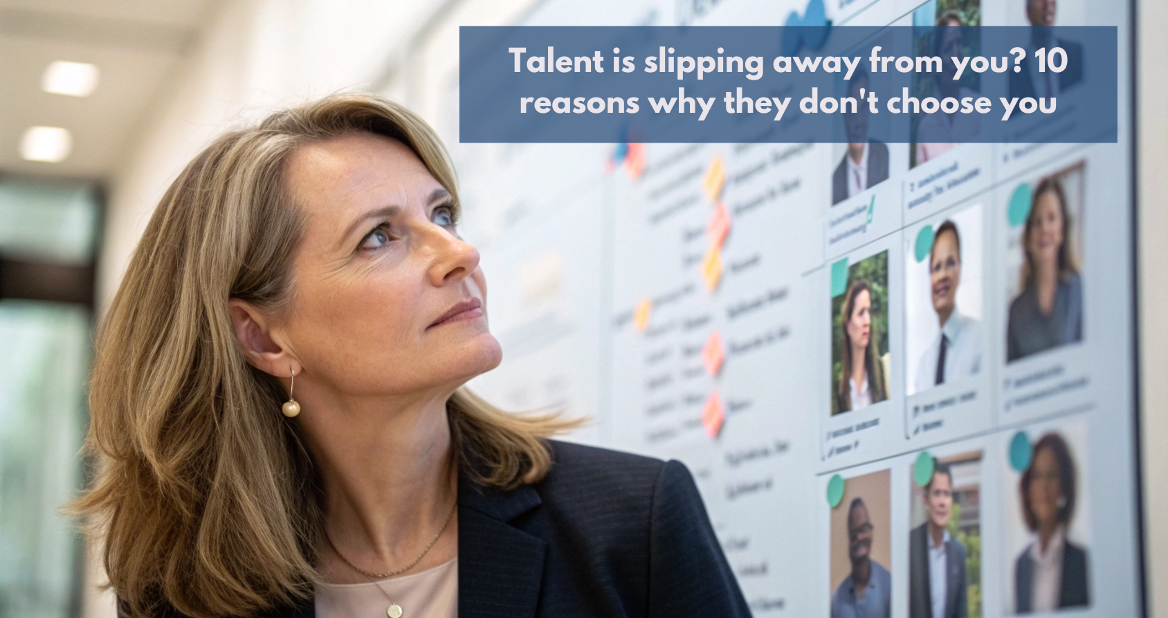 A female CEO, with a reflective expression, looking at a strategic board where the names of key employees seem to blur, suggesting the difficulty in attracting and retaining talent.