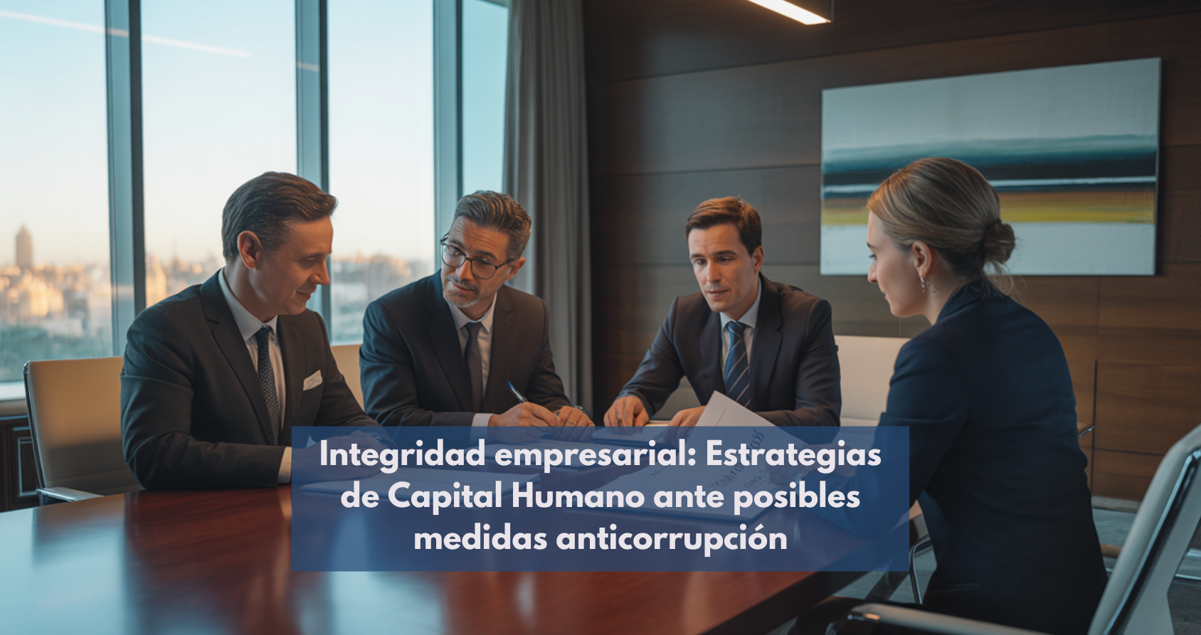 Imagen que representa la integridad empresarial y el capital humano, con figuras profesionales y elementos gráficos que simbolizan transparencia y solidez.