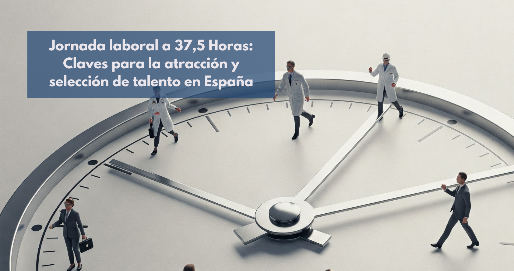 magen conceptual que ilustra la jornada laboral de 37,5 horas en España. Un reloj gigante simboliza el tiempo, con figuras de profesionales caminando sobre él, representando la gestión del tiempo y el talento en el nuevo entorno laboral