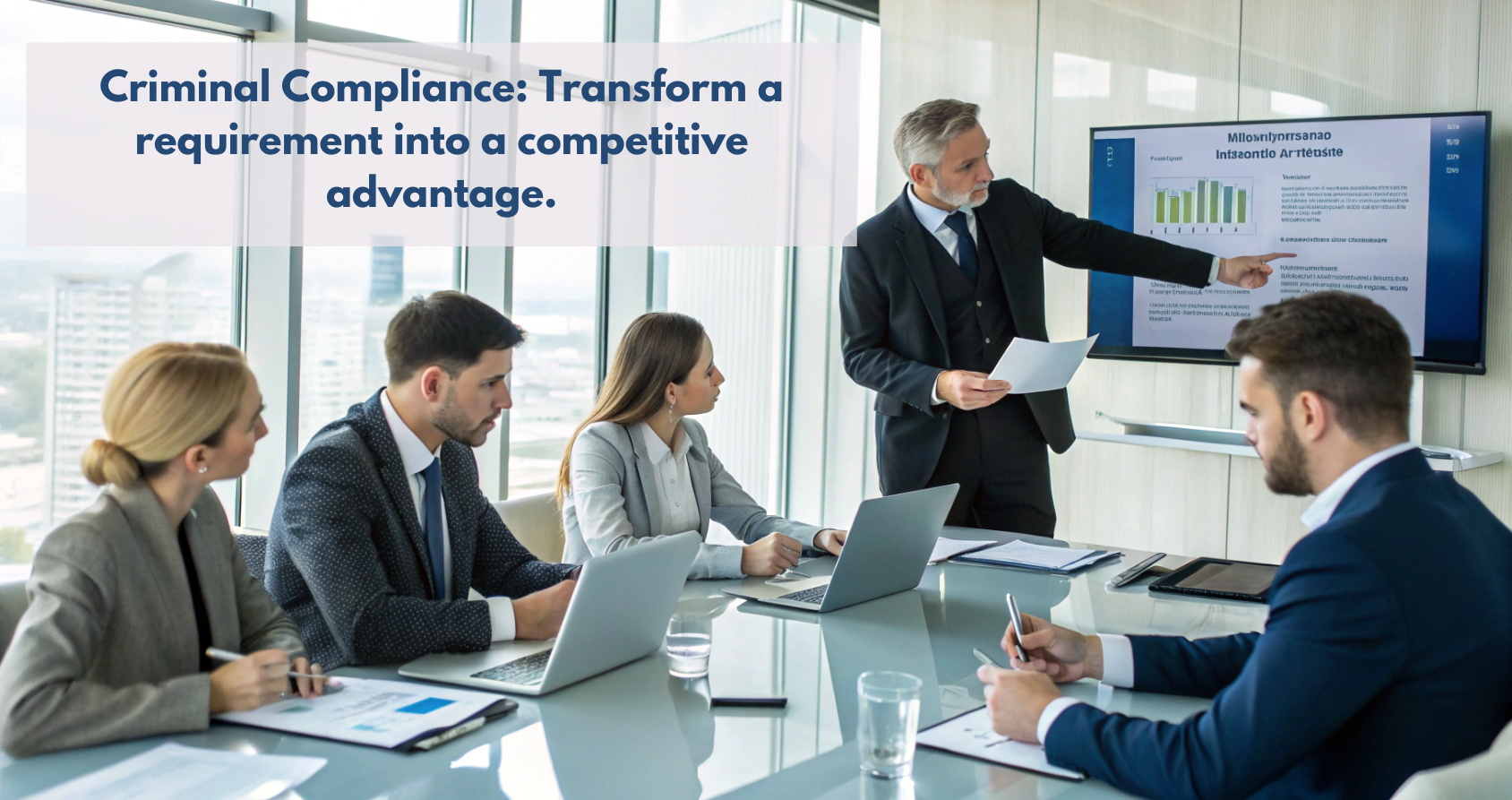 Executive Leadership Discussing the Implementation of a Criminal Compliance Program with the Support of an Expert Advisor.