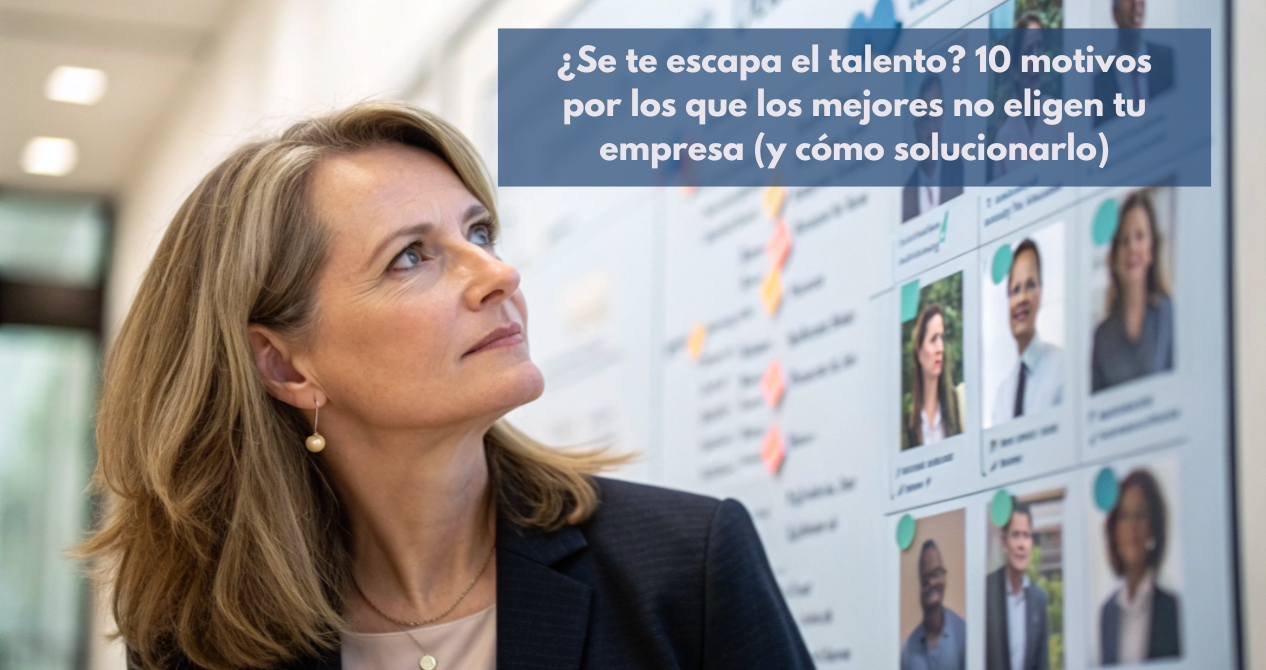 Una CEO mujer, con expresión reflexiva, mirando un tablero estratégico donde los nombres de empleados/as clave parecen difuminarse, sugiriendo la dificultad en la atracción y retención del talento.