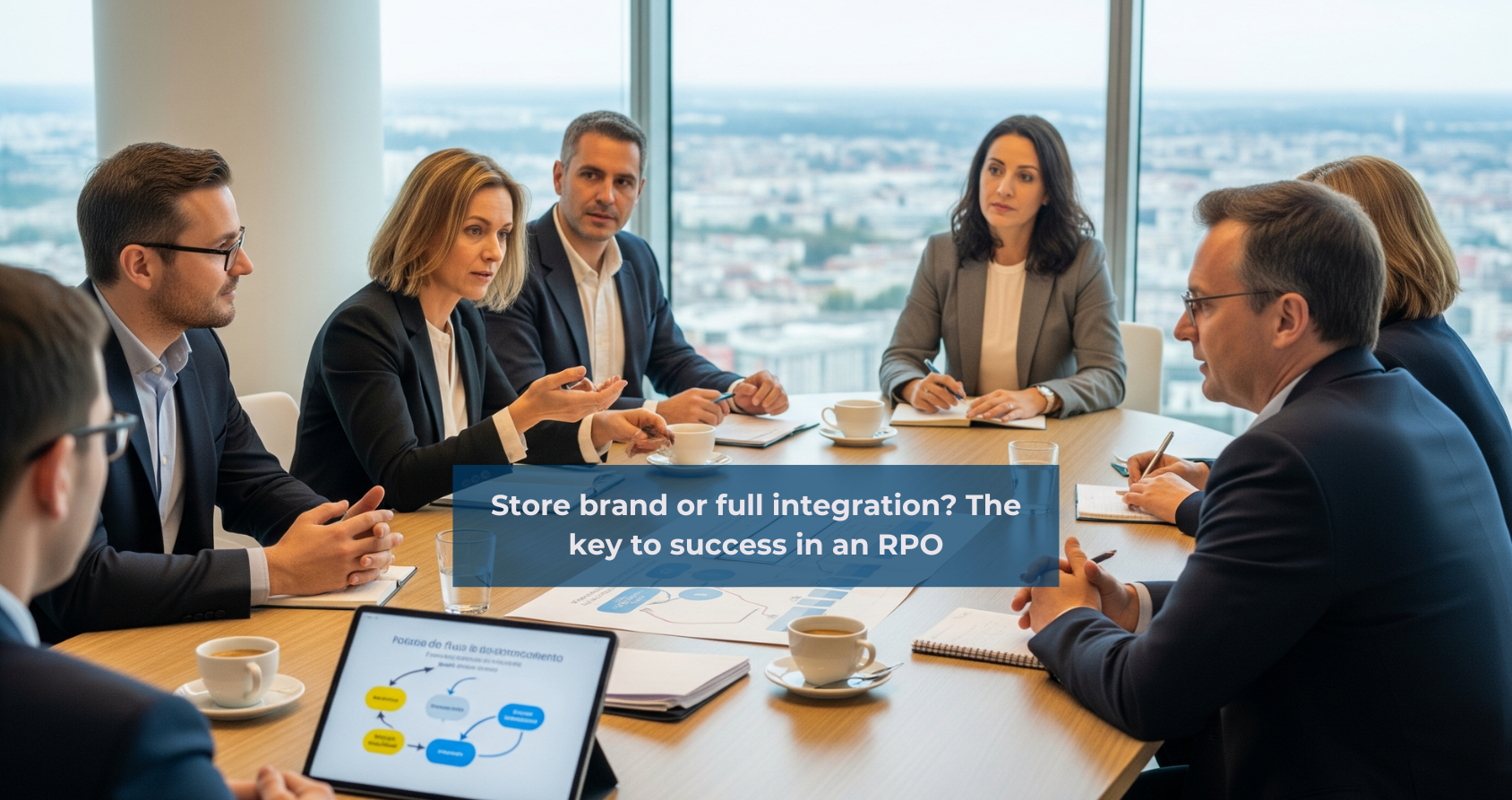 RPO consultants meeting with HR leaders and CEO in a work environment, symbolizing full integration in the execution of the recruitment strategy.