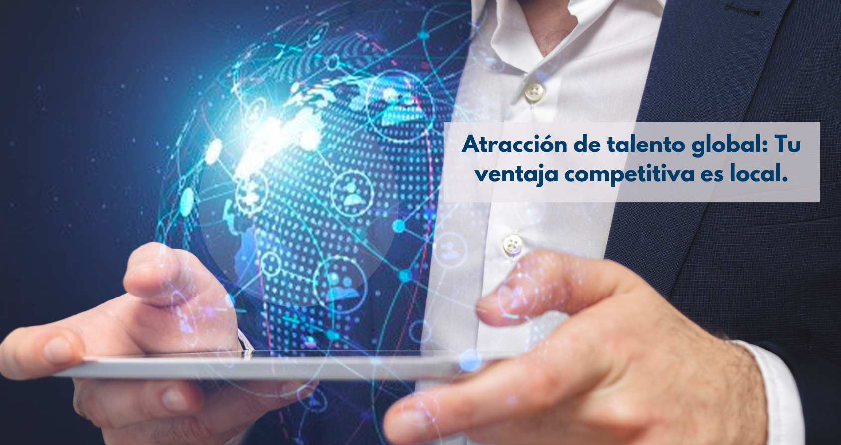 Un mapa global con conexiones luminosas entre diferentes países, simbolizando la red internacional de talento y la conexión local en International Recruiting de Servitalent.