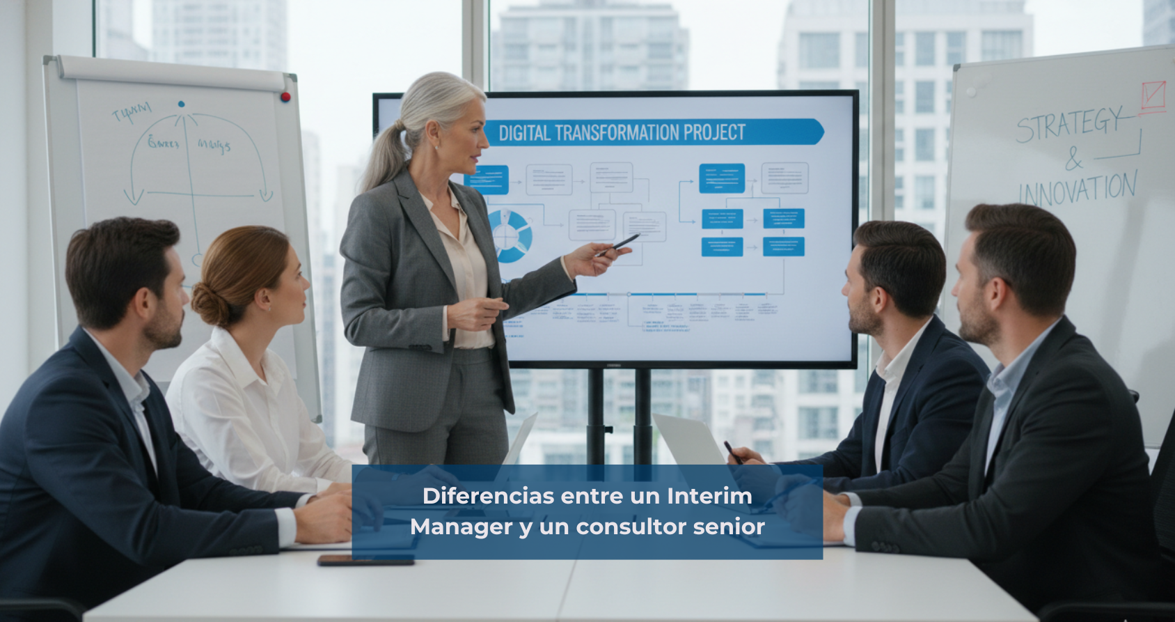 Imagen de ejecutivo/a liderando un proyecto de transformación empresarial. Conceptos clave: Interim Management, Consultoría Senior, Liderazgo Temporal, Ejecución Estratégica.