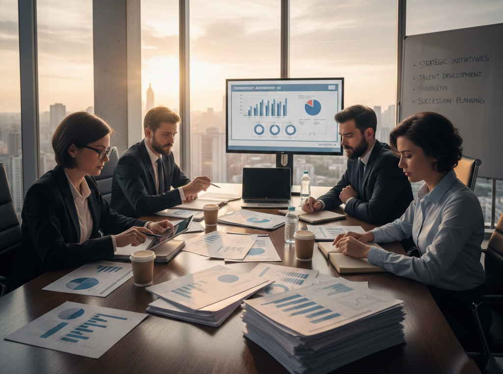 Equipo directivo analizando informes de evaluación de competencias y potencial de liderazgo en una reunión de planificación estratégica.