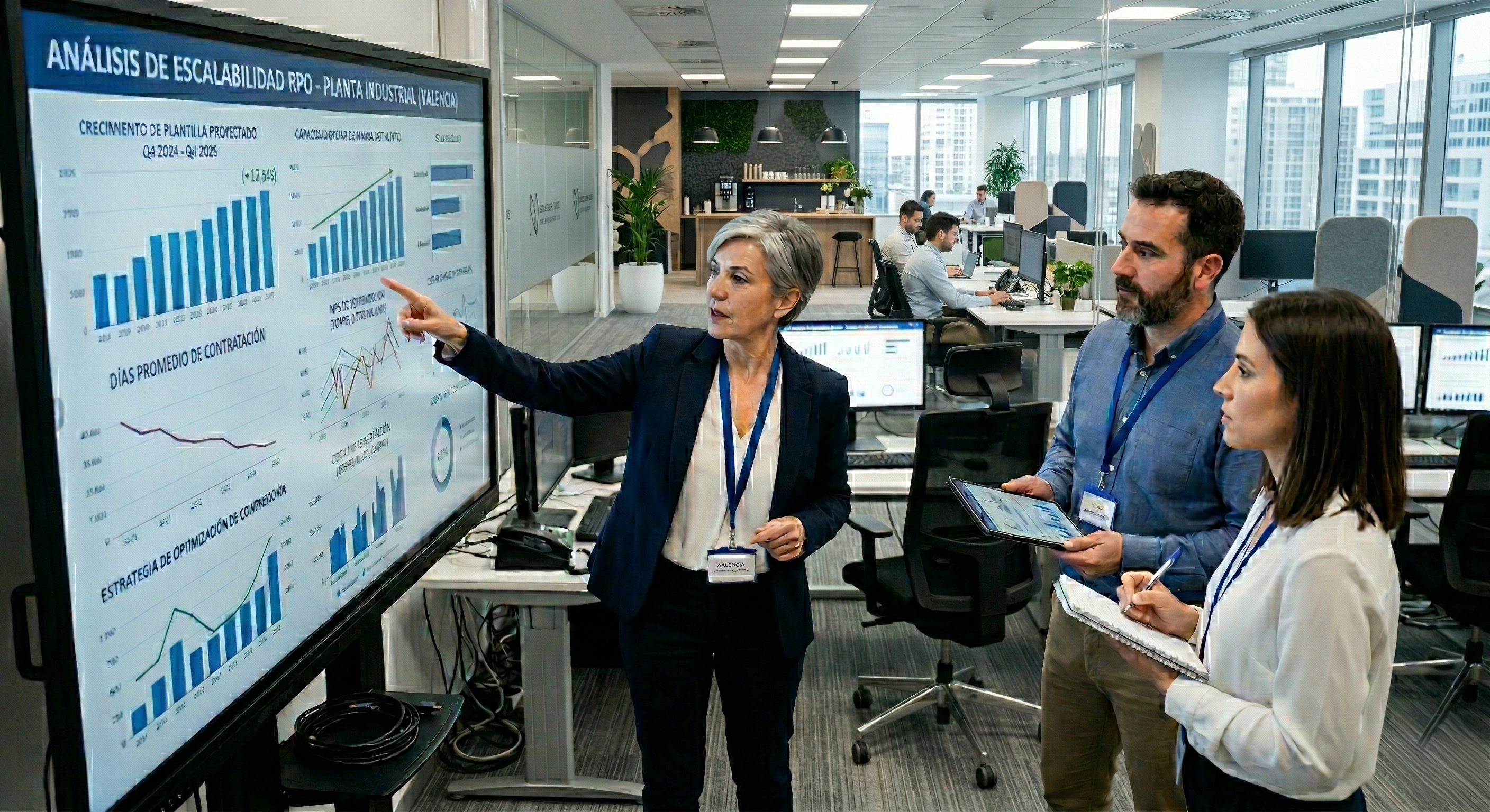Directiva de Recursos Humanos analizando la escalabilidad de un modelo RPO en una planta industrial para optimizar la contratación.