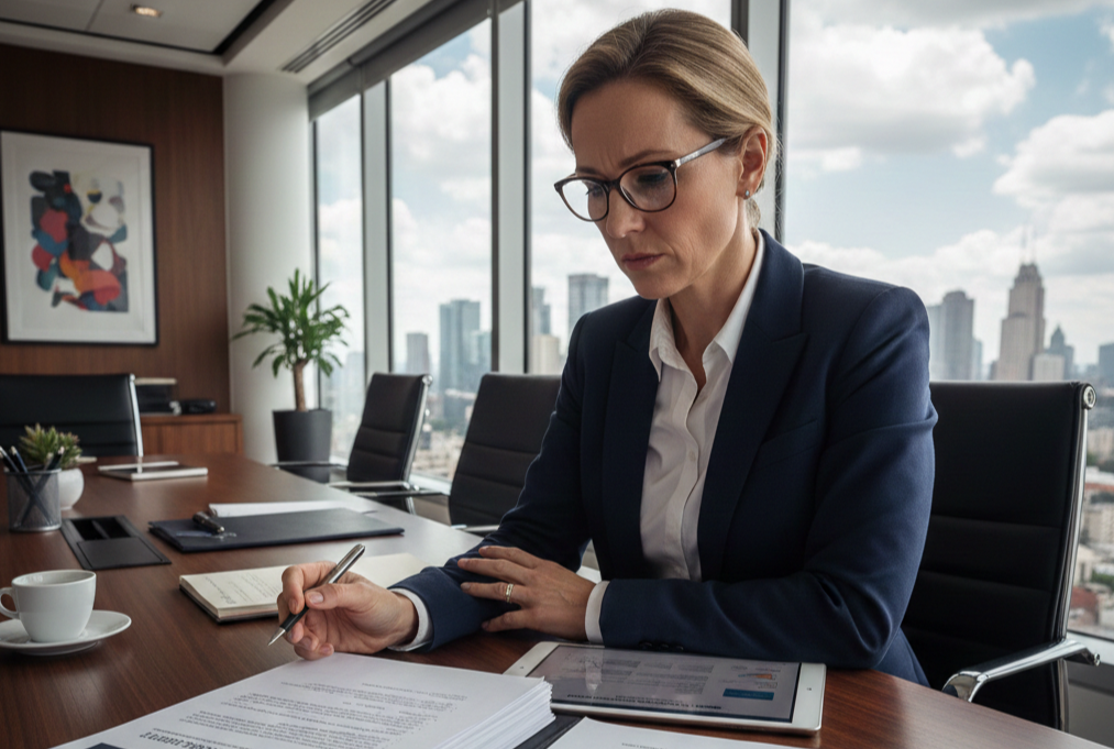 Directiva analizando contrato de Interim Management y riesgos de responsabilidad civil profesional en oficina corporativa.