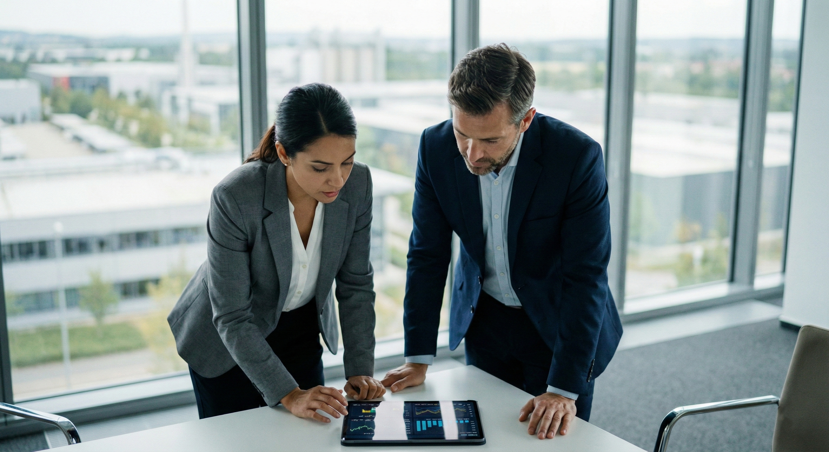 Plano medio de dos directivos (hombre y mujer) en una sala de juntas moderna con cristaleras, analizando un informe de datos en una tablet con expresión de enfoque y toma de decisiones estratégica. Fondo desenfocado de entorno corporativo industrial.