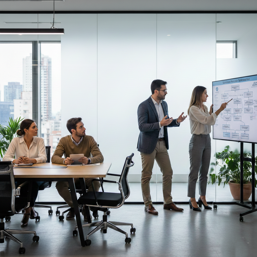  headhunter en oficinas este hablando y ayudando a optimizar el proceso de selección de una empresa