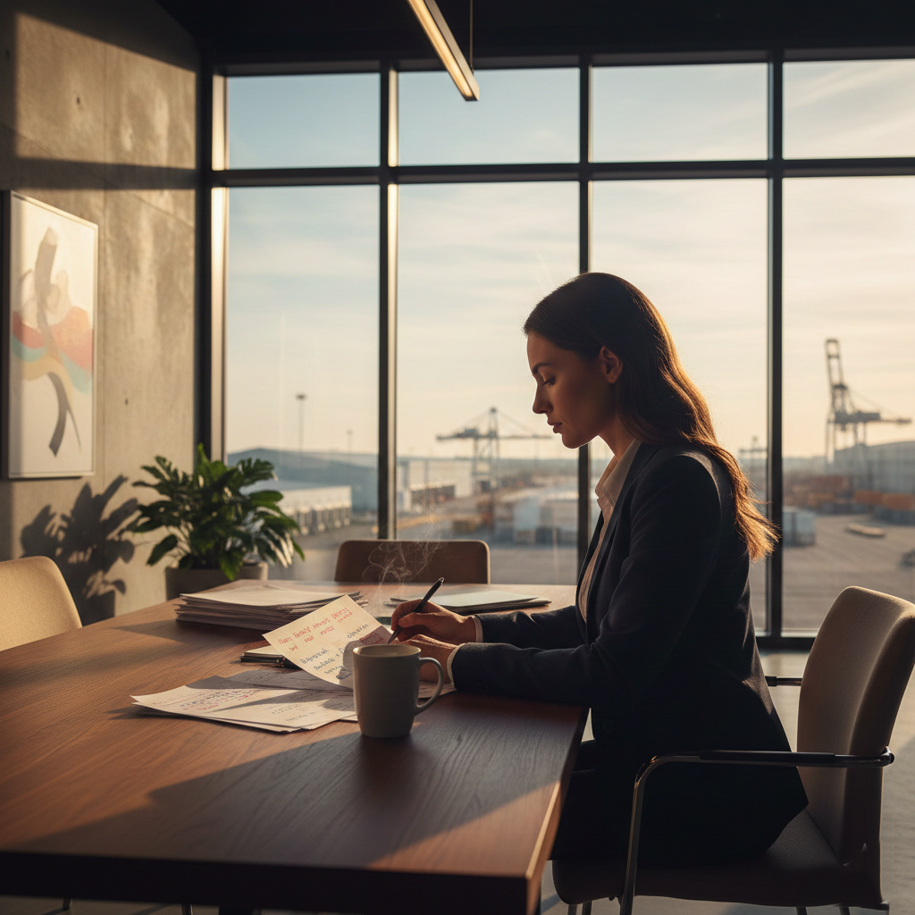 Una fotografía de estilo cinematográfico y realista. Se ve a una directiva de perfil, sentada en una mesa de madera maciza en una oficina moderna con vistas a un entorno industrial o logístico (se vislumbran naves o grúas a lo lejos a través del cristal). Está concentrada, revisando un informe impreso con anotaciones a mano y un café a su lado. La iluminación es natural, de final de la tarde, lo que sugiere que sigue trabajando cuando otros/as ya se han ido.