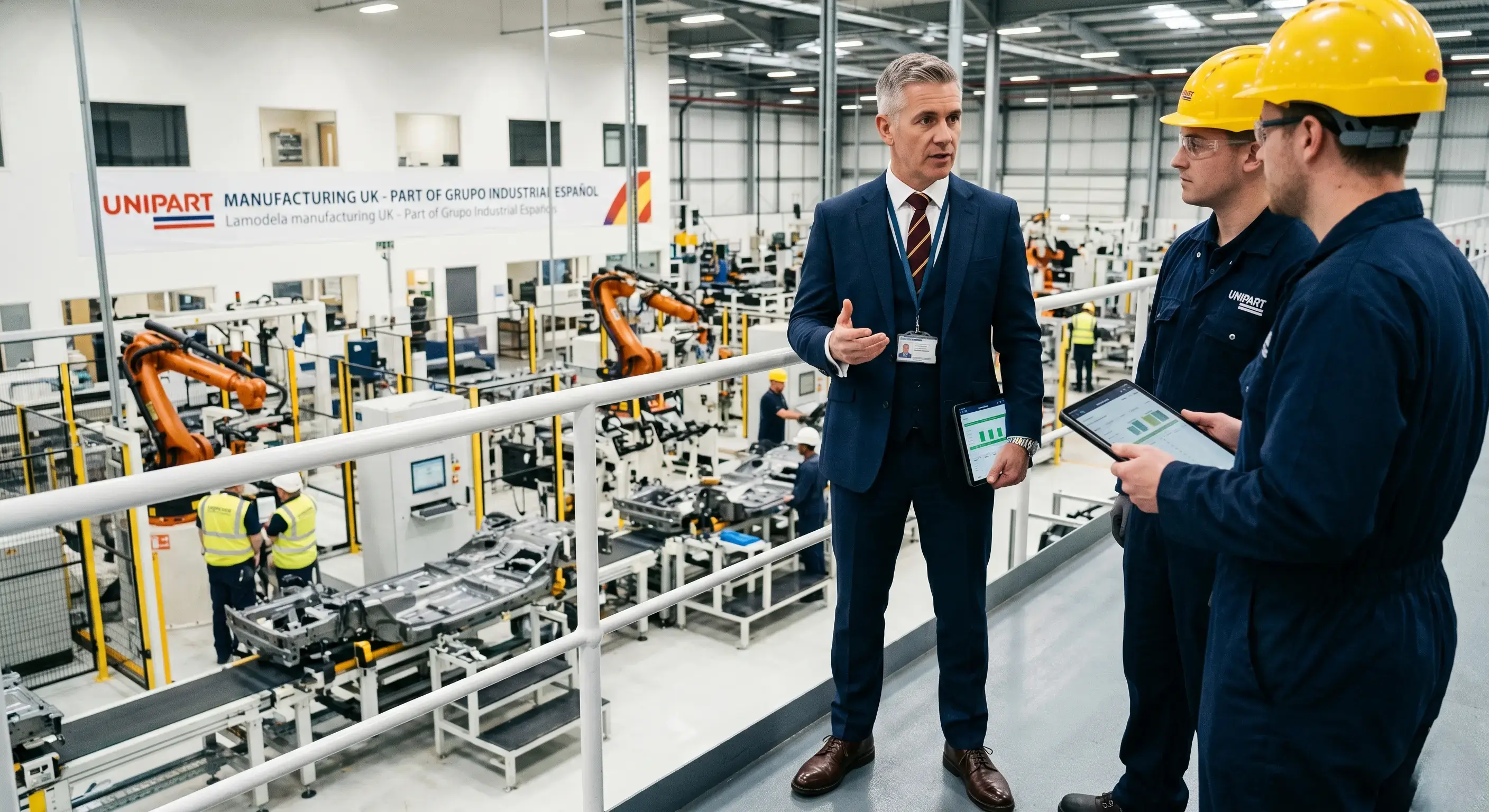  nuevo director de planta británico supervisando las líneas de producción en UK, pero con una estética muy ejecutiva y corporativa, transmitiendo la seguridad de que la matriz española ha colocado allí a un líder solvente que responde a sus objetivos.