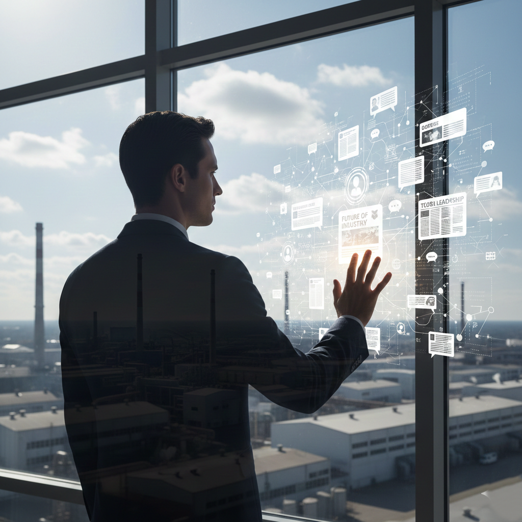 Un directivo de perfil, mirando por un ventanal hacia un complejo industrial. En el reflejo del cristal, no se ve su rostro, sino una red interconectada de publicaciones de redes sociales, titulares de prensa y burbujas de chat. La imagen transmite la idea de que la identidad del líder y su huella digital son inseparables. Estilo fotográfico profesional, luz natural.