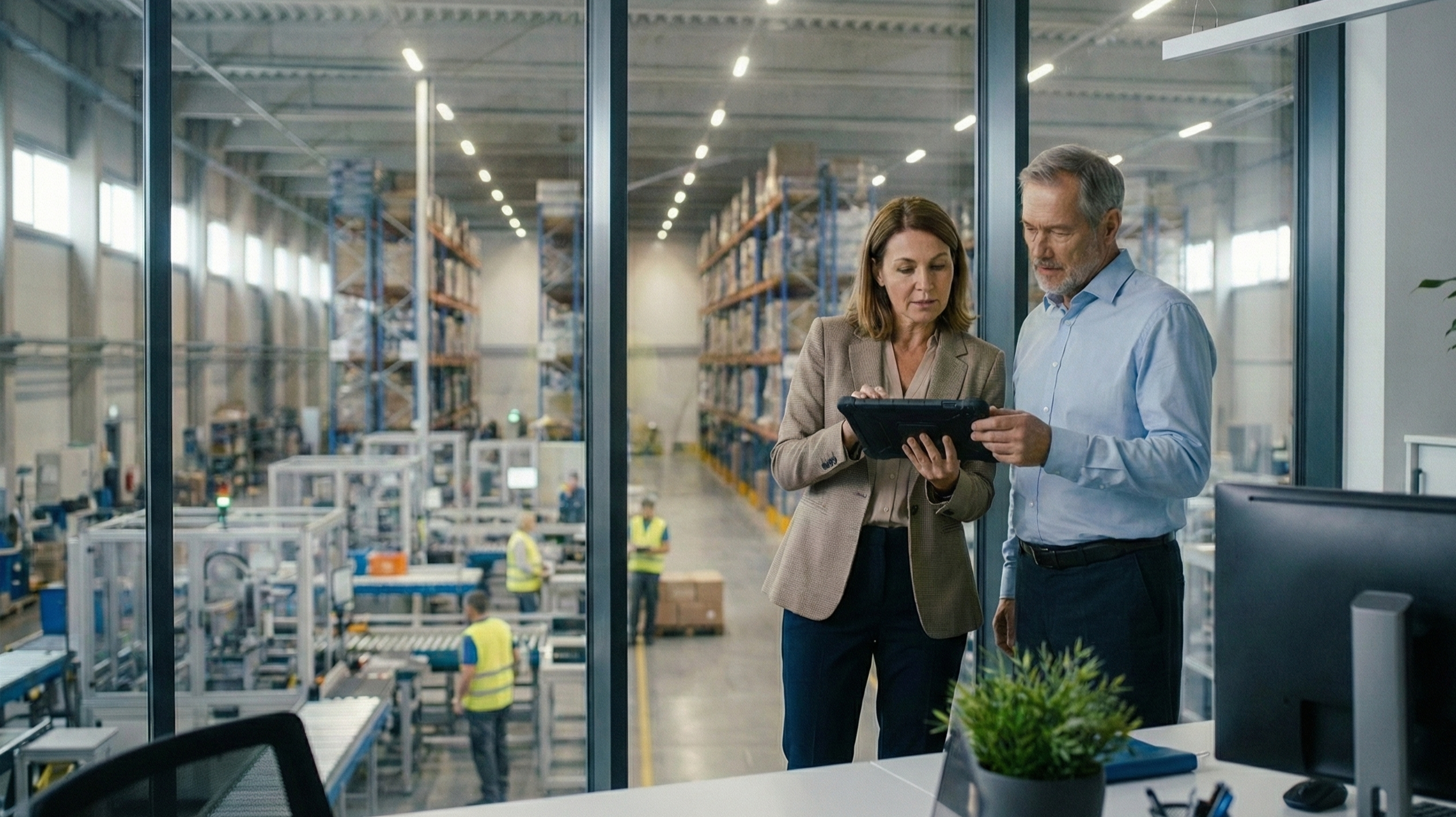 Interim Manager y propietario de empresa industrial planificando la sucesión y el relevo generacional en la planta de producción.