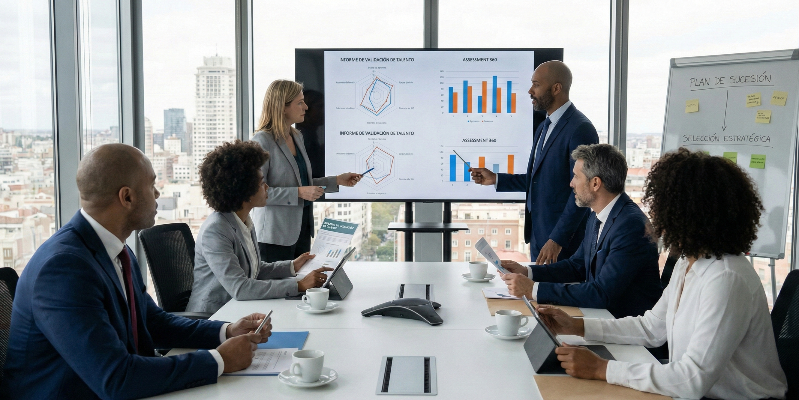 Reunión estratégica de directivos evaluando informes de validación de talento y Assessment 360 para asegurar el éxito en la selección de personal.